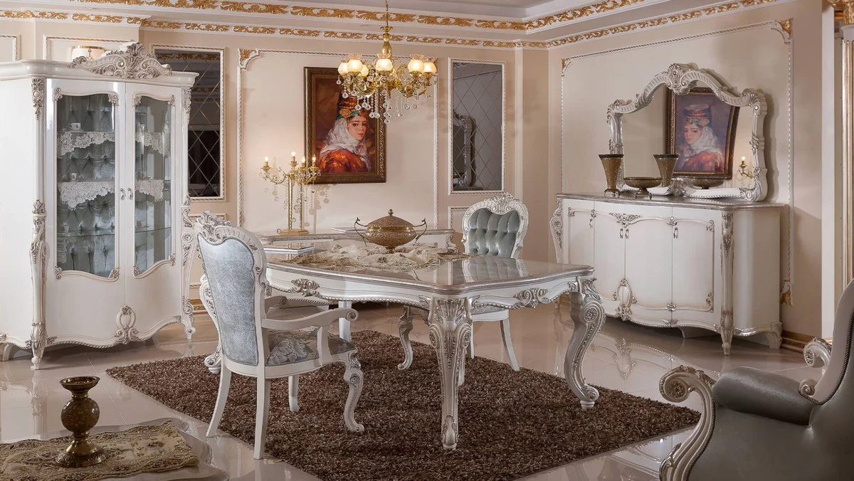 Luxury baroque display cabinet cream / white / silver H. 220 cm
