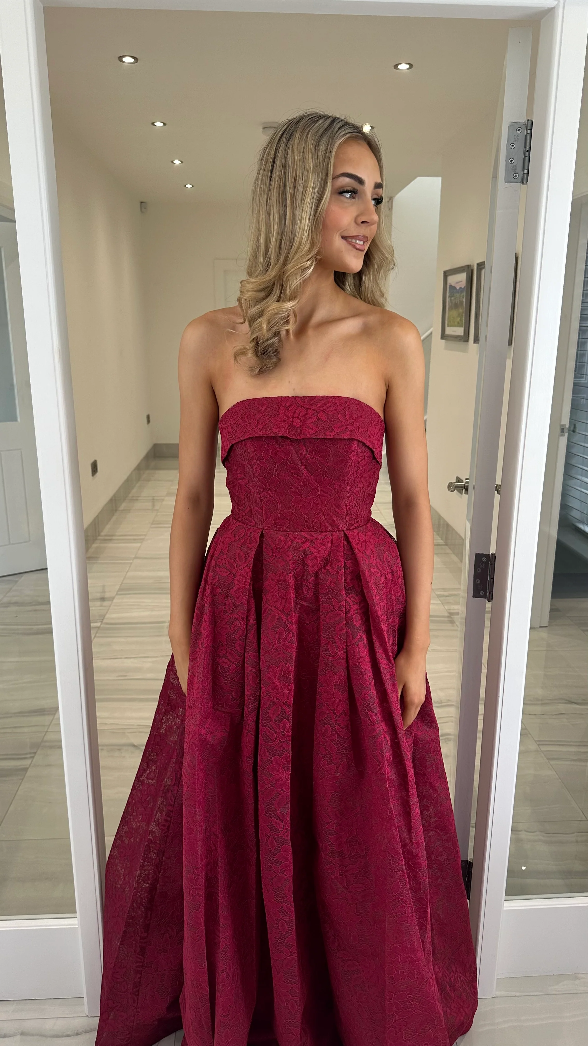 Burgundy Lace Strapless Ball Gown