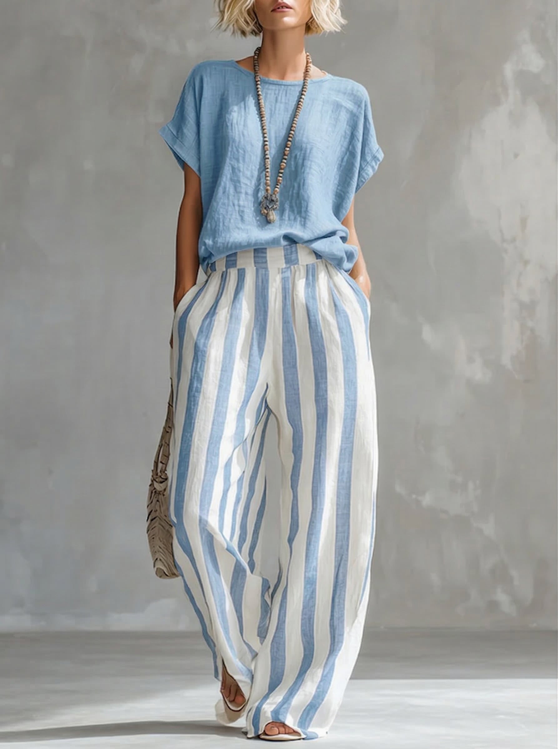 Cozy Loose-fit Striped Cotton-linen Two-piece Set - Nordfashionstorm - Women's Clothing, Fashion for You - Nordfashionstorm.com