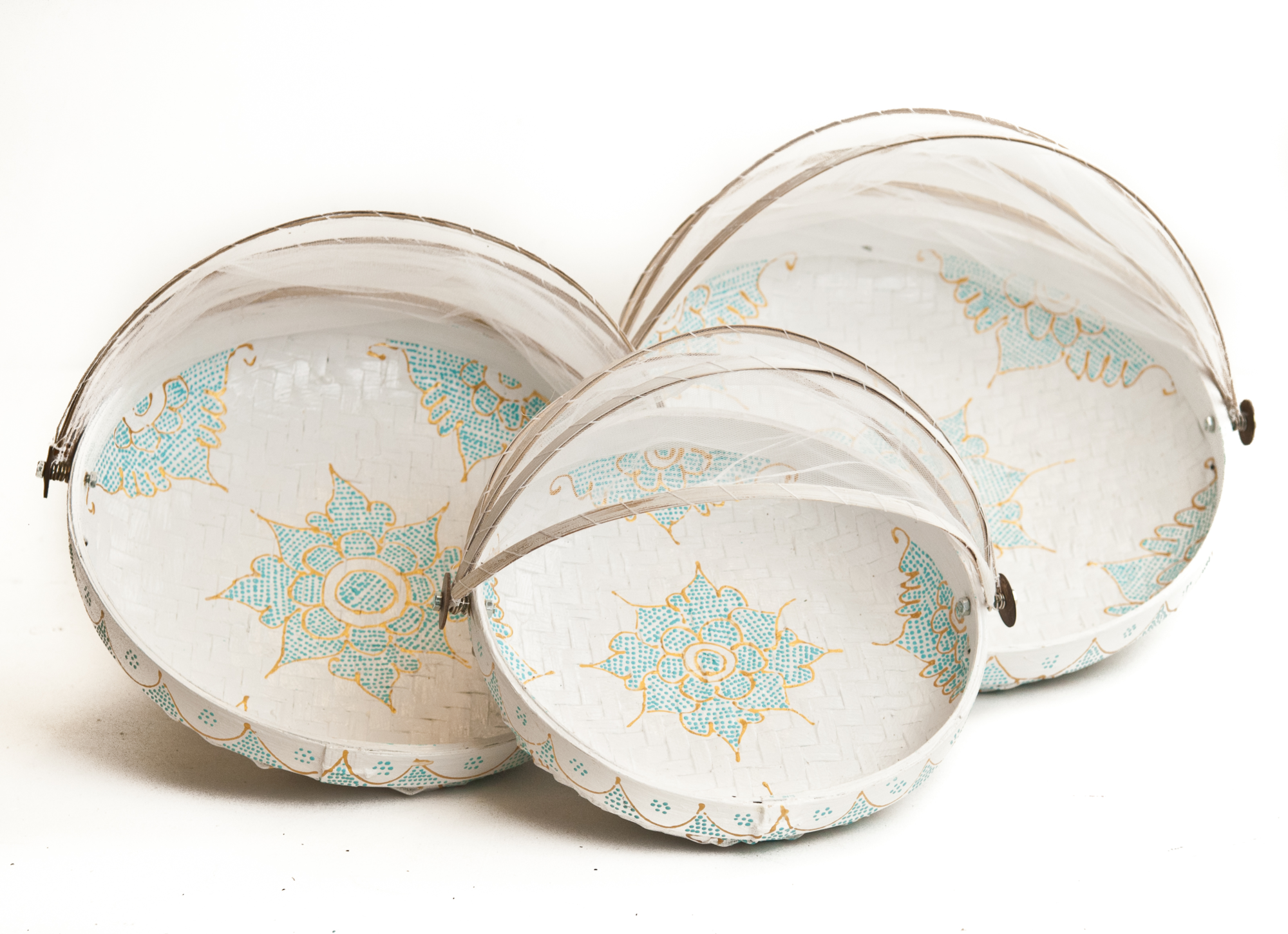 Bamboe vliegenmand - wit + turquoise/goud - Small