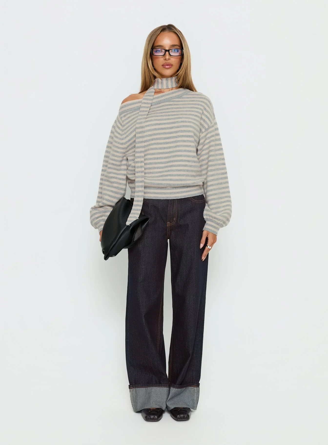 Ruthi Scarf Off Shoulder Knit Sweater Neutral Stripe