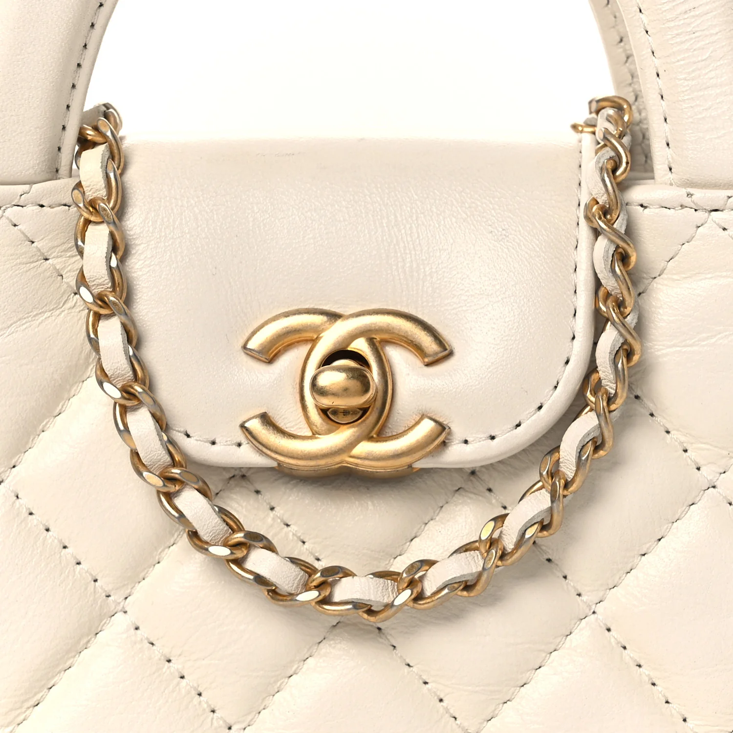 Shiny Aged Calfskin Quilted Mini Nano Kelly Shopper White - Top Club
