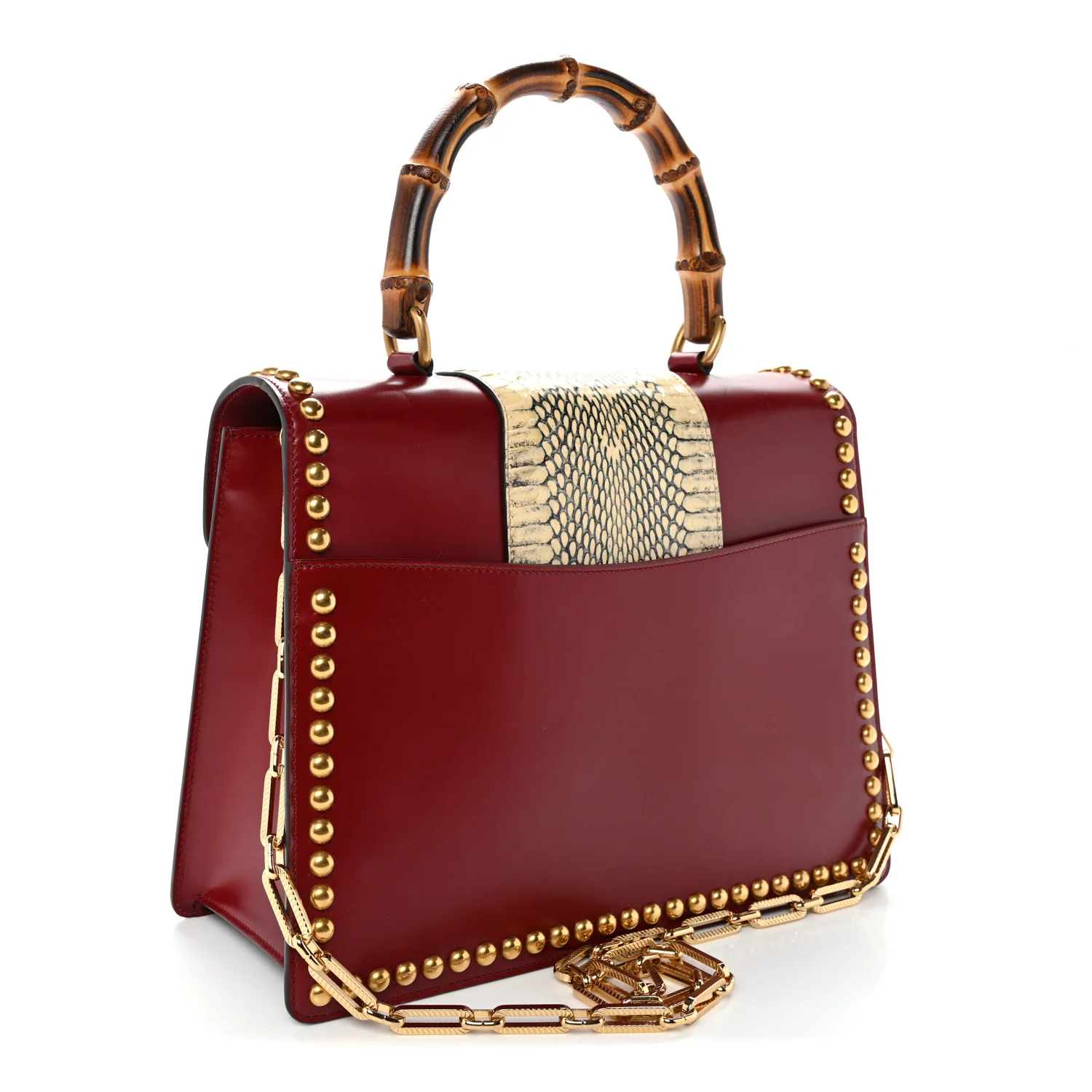 Glossy Calfskin Snakeskin Studded Fox Broche Bamboo Top Handle Bag Red - Top Club