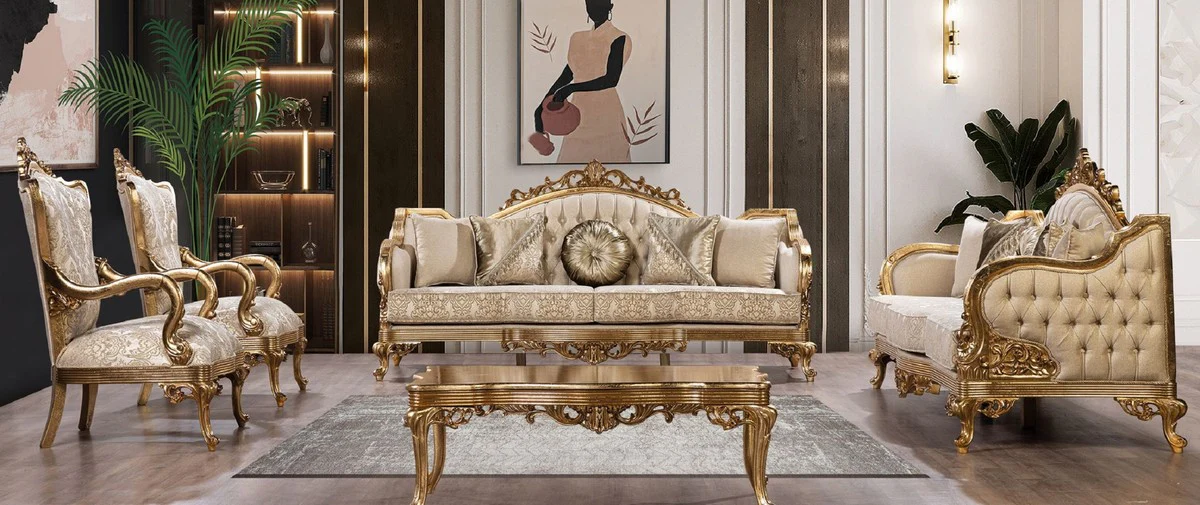 Luxury Baroque Living Room Set Gold / Antique Gold - 2 Baroque Sofas & 2 Baroque Armchairs & 1 Baroque Coffee Table - Luxury Living Room Furniture in Baroque Style - Baroque Furniture - Noble & Magnificent
