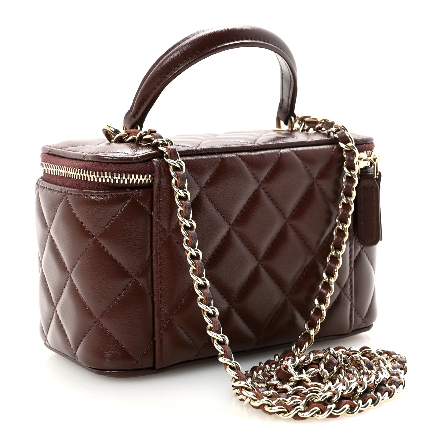 Lambskin Quilted Small Top Handle Vanity Case With Chain Dark Brown - Top Club