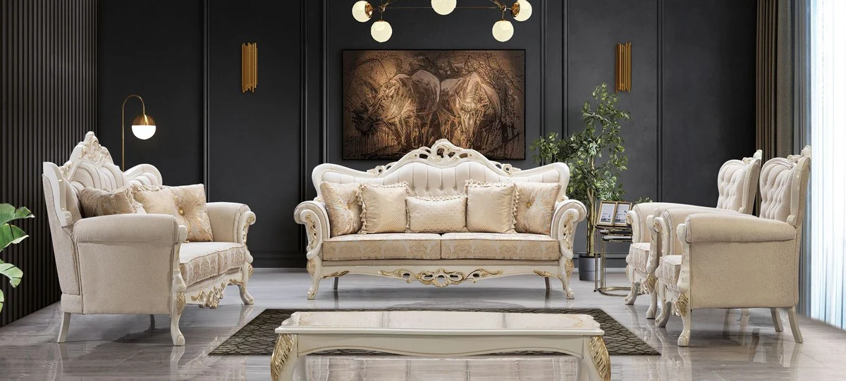 Luxury Baroque Living Room Set White / Gold - 2 Baroque Sofas & 2 Baroque Armchairs & 1 Baroque Coffee Table - Luxury Living Room Furniture in Baroque Style - Baroque Furniture - Noble & Ornate