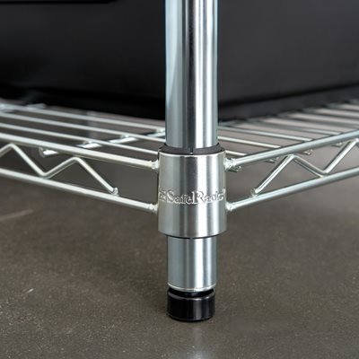 Close up view of the adjustable feet on SafeRacks 27 gallon bin storage shelf