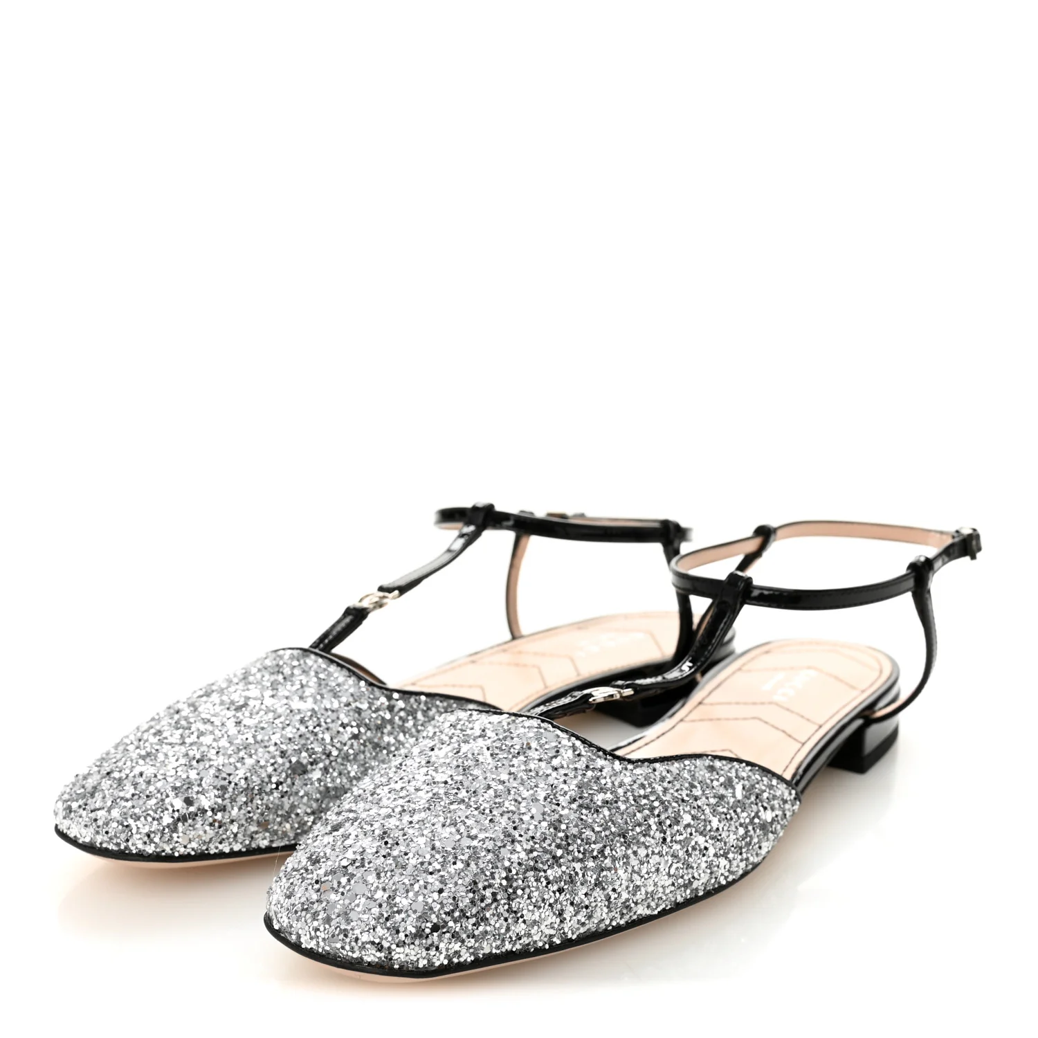 Calfskin Glitter Double G Slingback Flats 39 Silver Black - Top Club