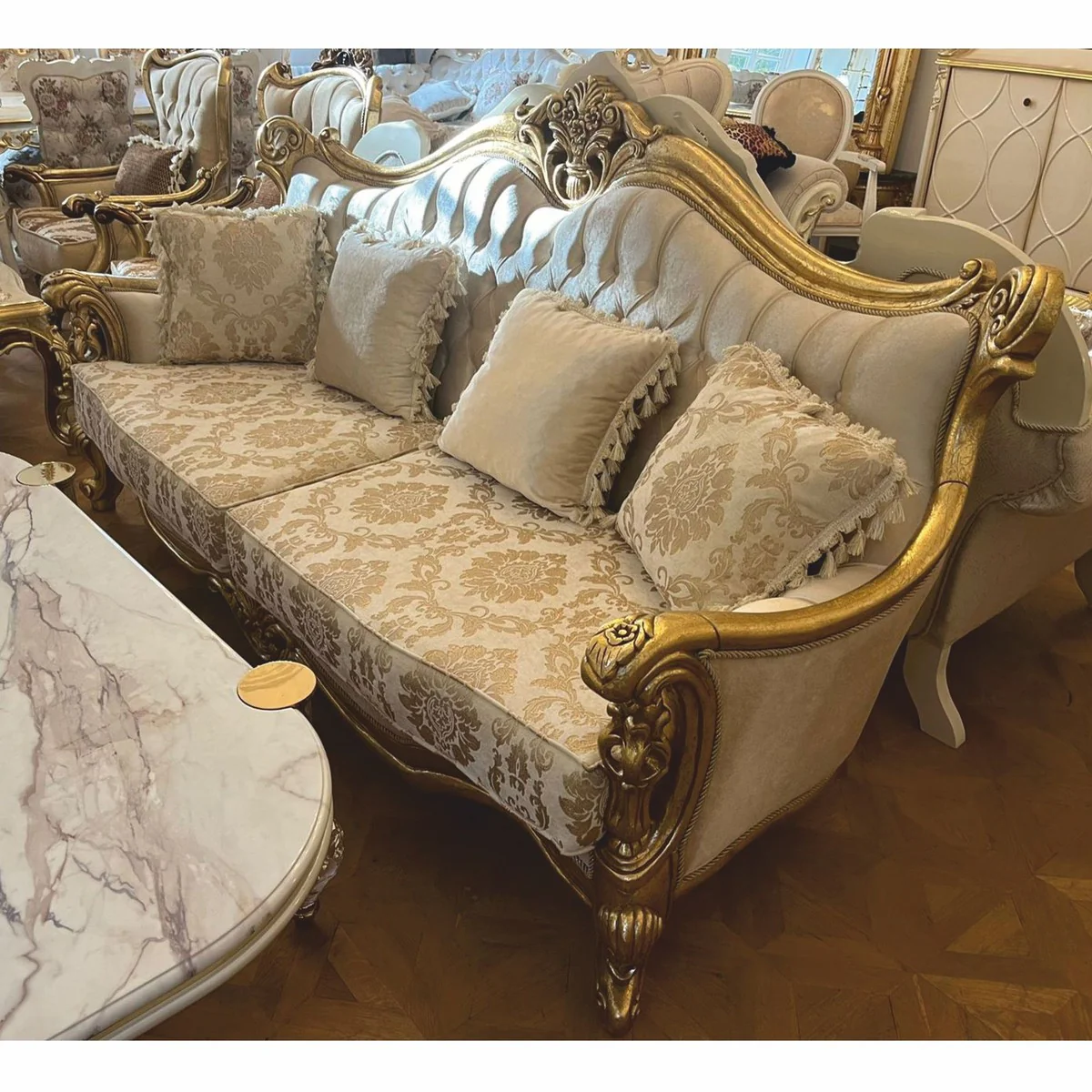 Luxury Baroque Living Room Sofa Cream / Gold 220 cm - Baroque Furniture