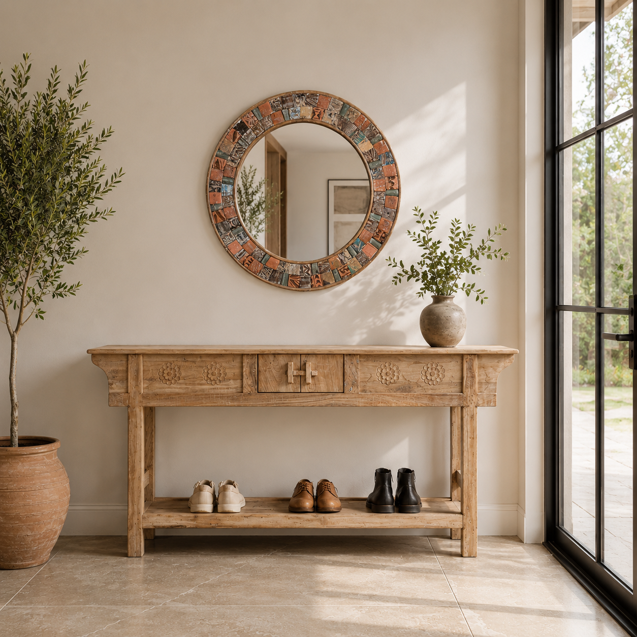 Kheer - Ronde Patchwork Spiegel in Boho Stijl