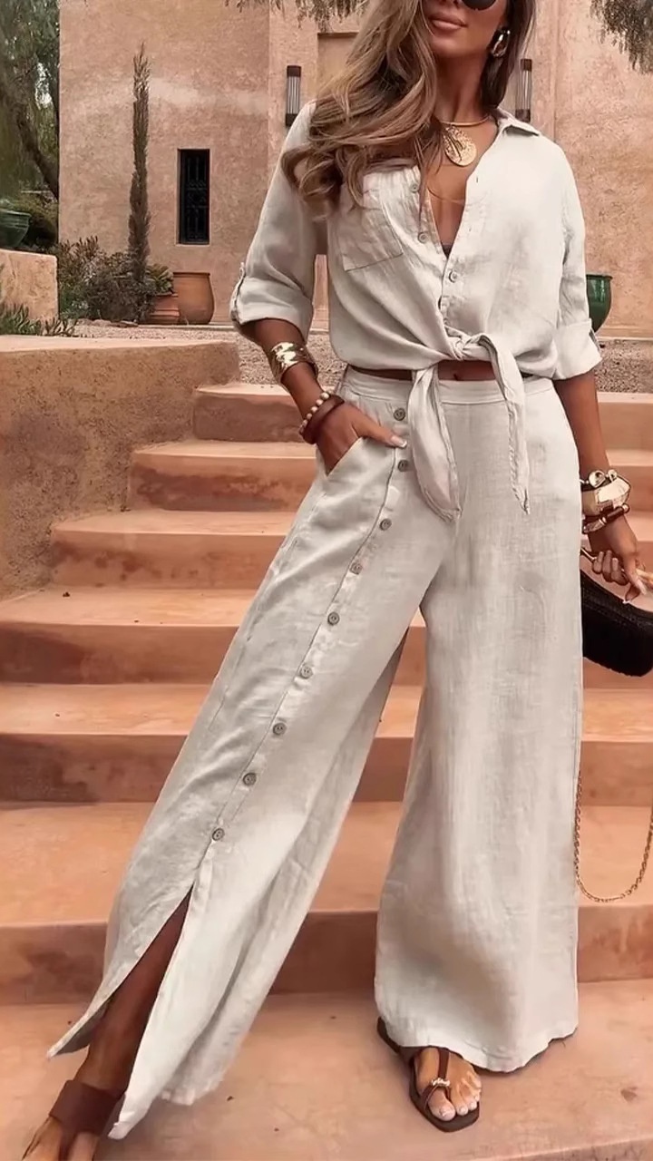 A loose solid color two-piece set with buttons for ladies - Nordfashionstorm - Women's Clothing, Fashion for You - Nordfashionstorm.com