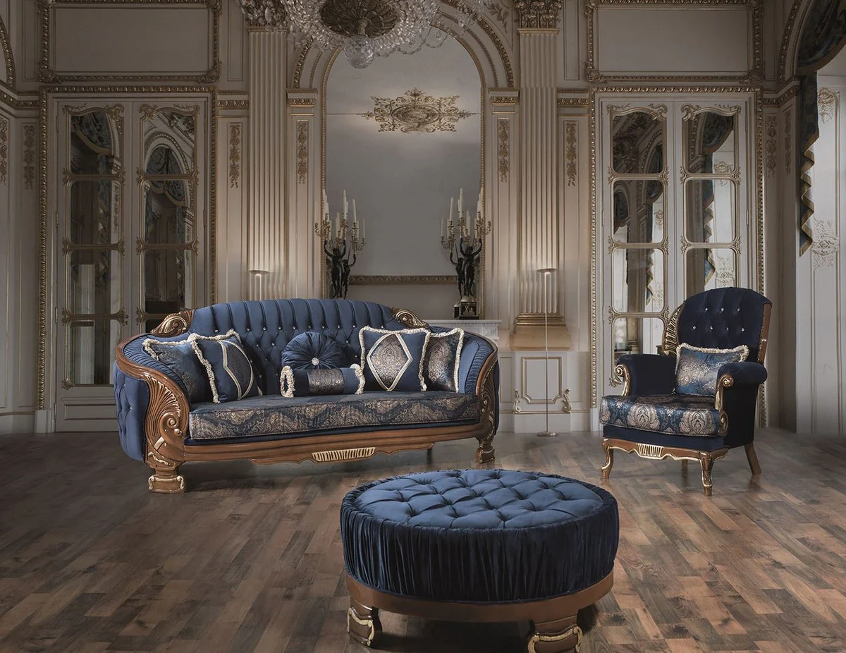 Luxury baroque living room set blue / brown - 2 sofas & 2 armchairs & 1 coffee table - magnificent living room furniture in baroque style