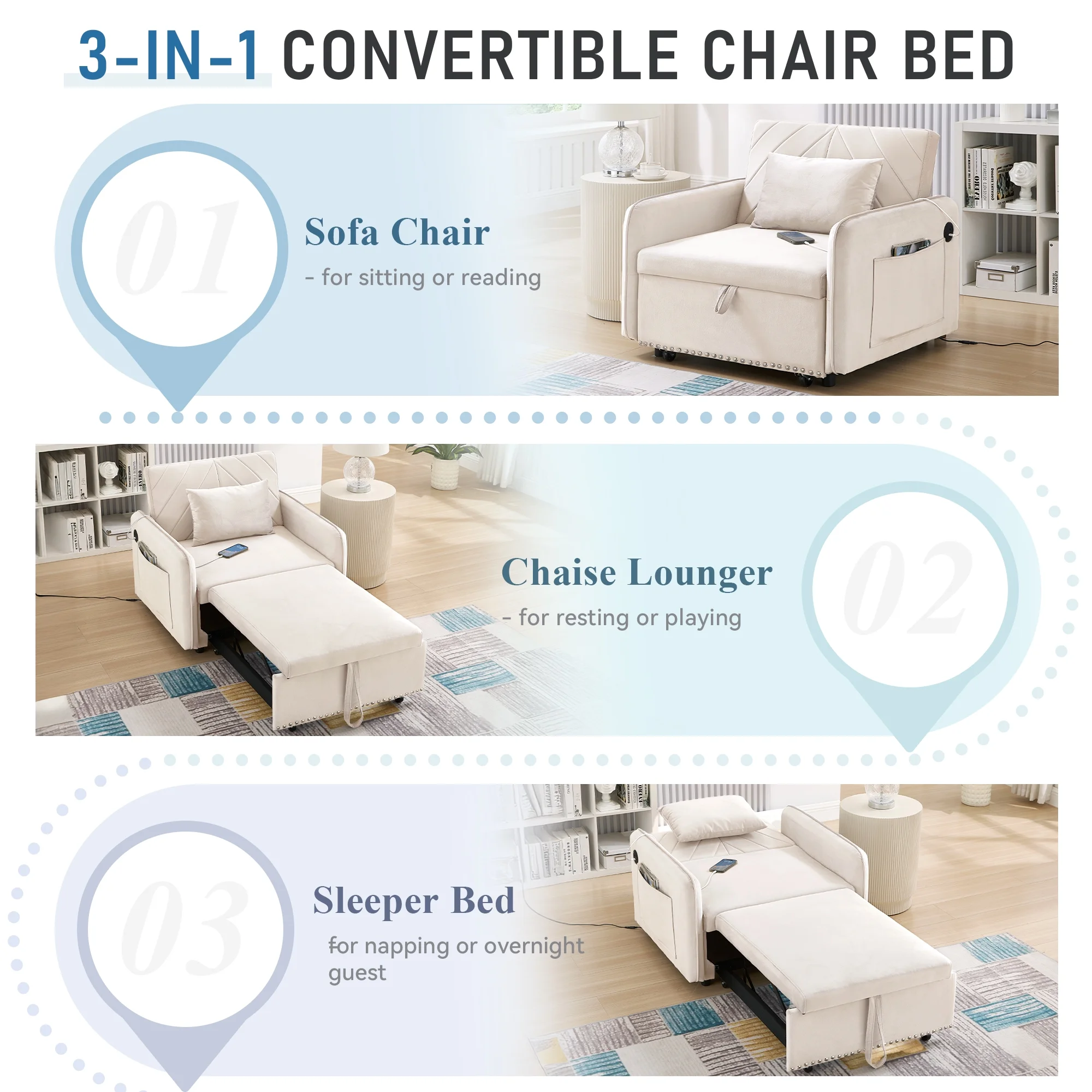 Lunale 3 - in - 1 Convertible Sleeper Chair Bed, Indoor Lounge Chair with USB/Type - C Charging Ports, Modern Recliner Sofa for Living Room, Gray Velvet