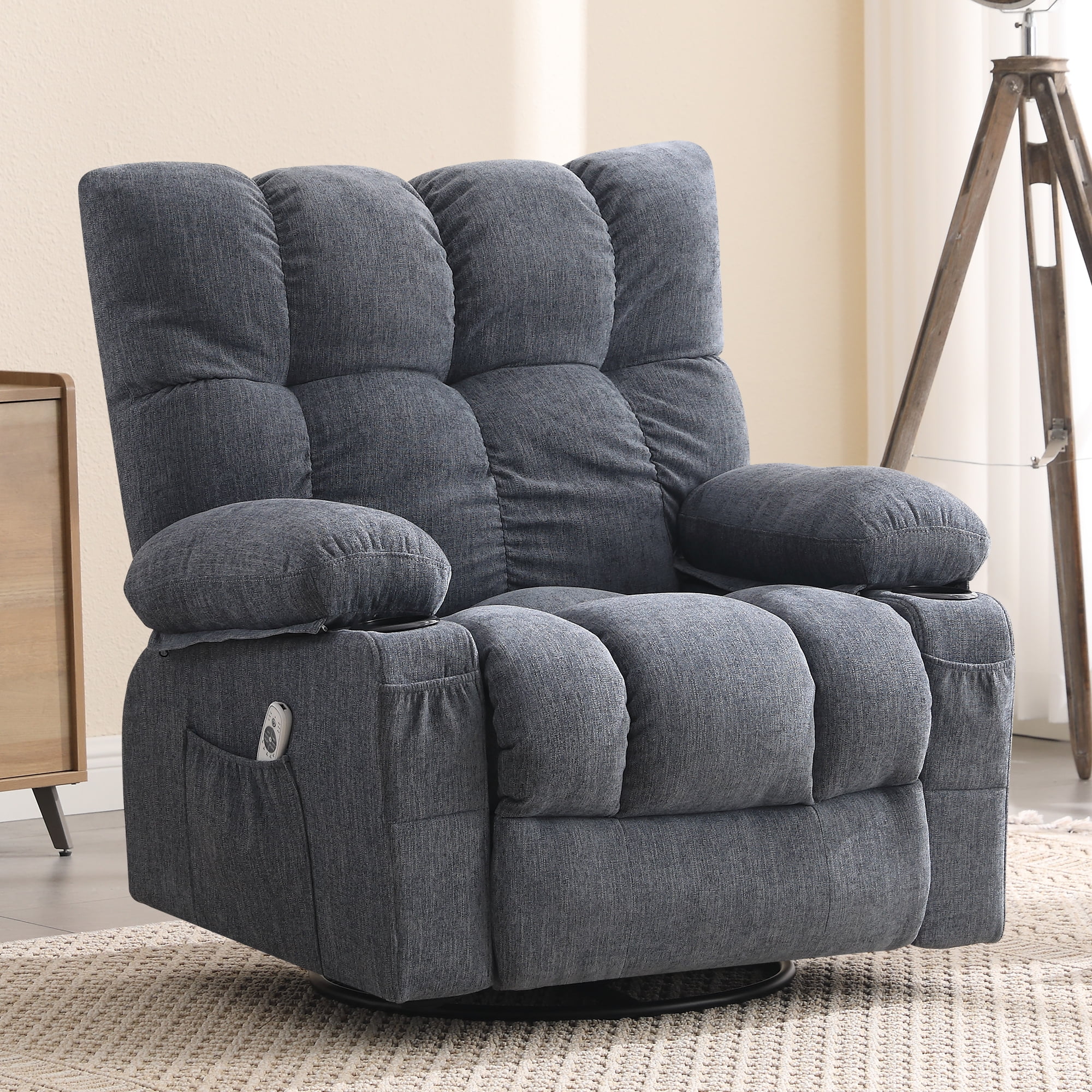 JONPONY Manual Recliner Chair with Heat Therapy and Massage Function, Heavy Duty Reclining Mechanism Massage Chair, Elderly Single Rocker Sofa with Cup Holders for Bedroom Home Theater, Grey