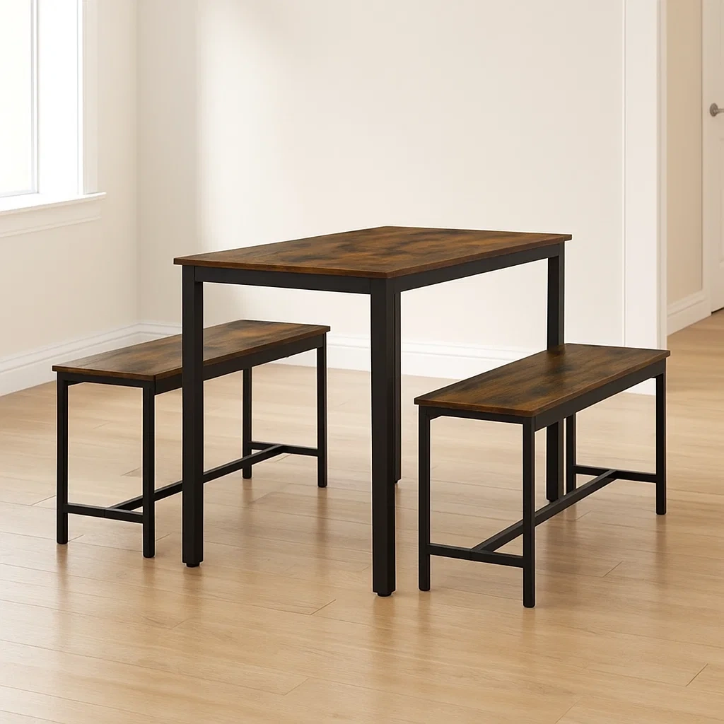 Dining group with table and chairs, consisting of a dining table and two dining benches, brown, wood and steel, suitable for dining rooms