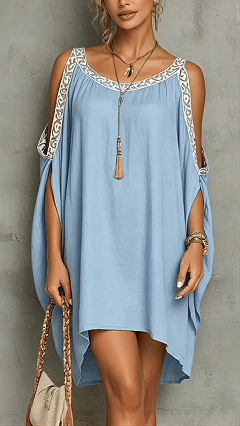 Women's Cotton-Blend Light Blue Off-Shoulder Embroidered print Loose Dress - Nordfashionstorm - Women's Clothing, Fashion for You - Nordfashionstorm.com