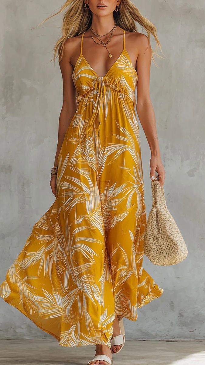 Women's Printed Yellow Sleeveless V-Neck Maxi Dress - Nordfashionstorm - Women's Clothing, Fashion for You - Nordfashionstorm.com
