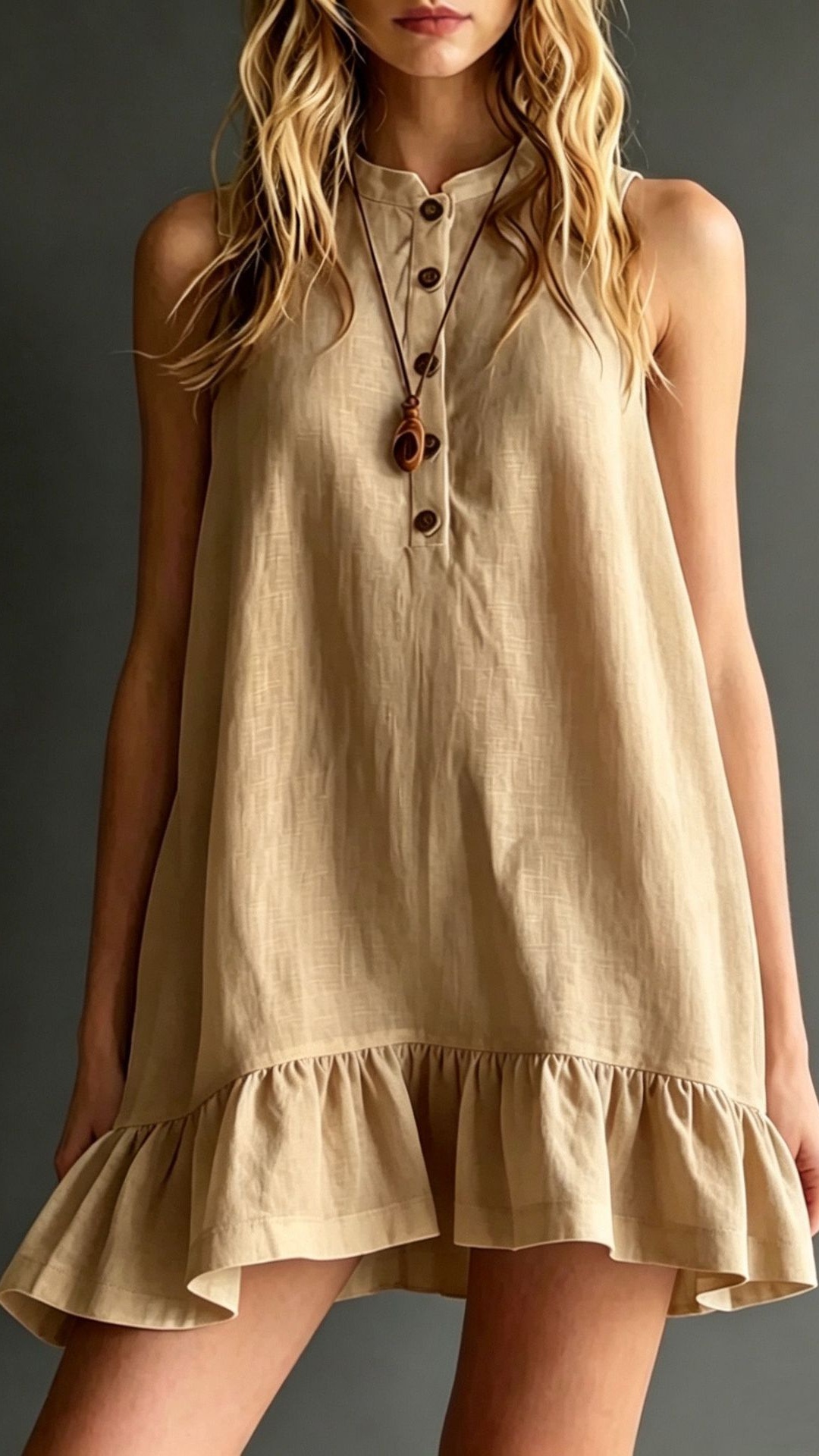 Women's Solid-Color Cotton-Linen Dress: Elegant Stand Collar, Sleeveless, with Ruffles - Nordfashionstorm - Women's Clothing, Fashion for You - Nordfashionstorm.com