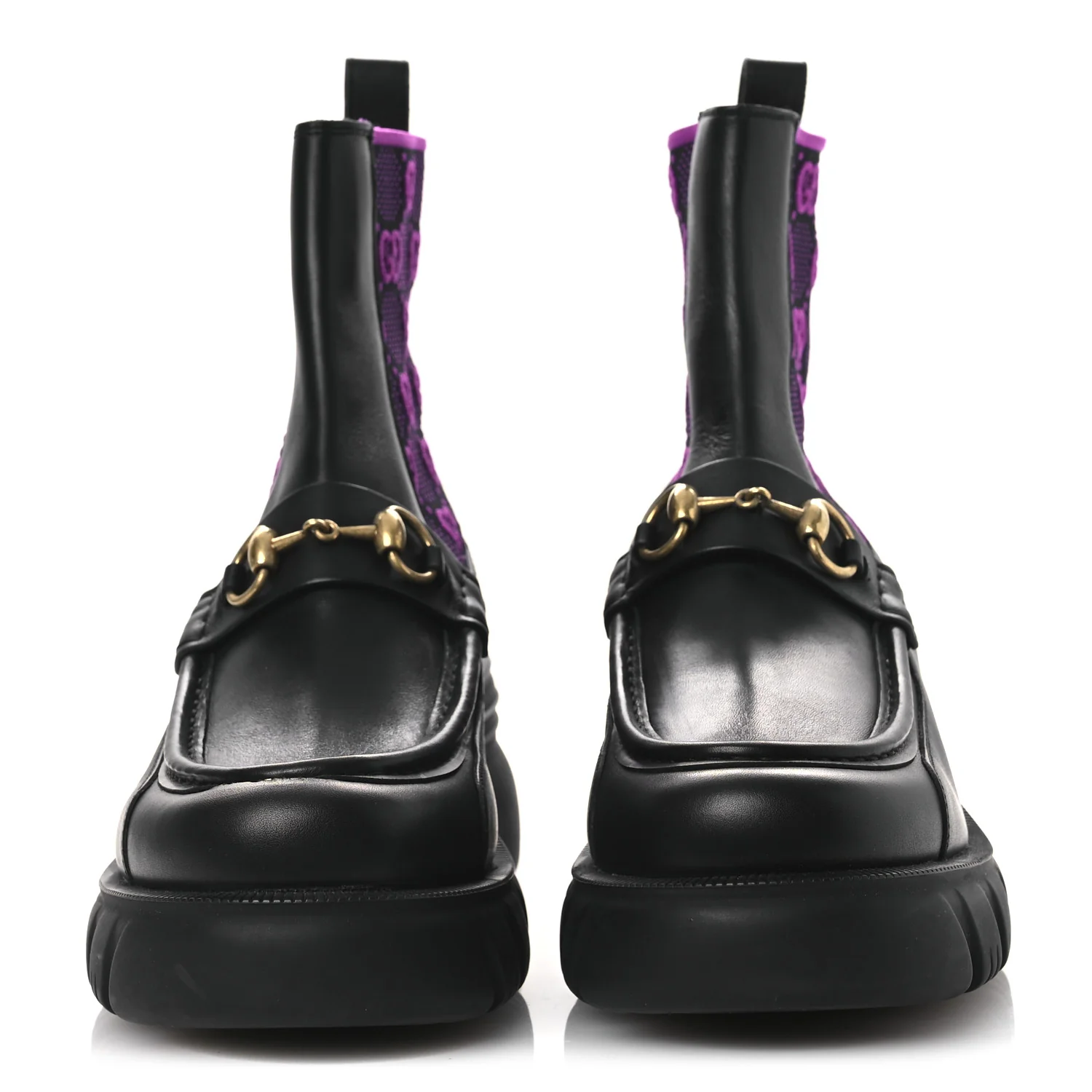 Quebec Calfskin Technical Jersey Knit GG Monogram Horsebit Ankle Boots 42 Black Fucsia - Top Club