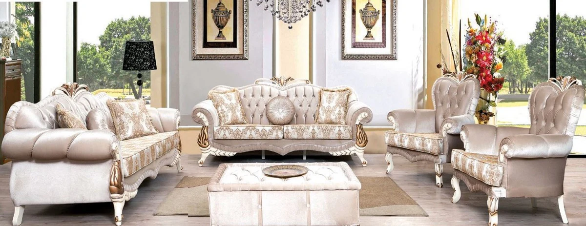 Luxury Baroque Living Room Set Pink / White / Gold - 2 Sofas with Pattern & 2 Armchairs with Pattern & 1 Coffee Table - Magnificent Baroque Living Room Furniture