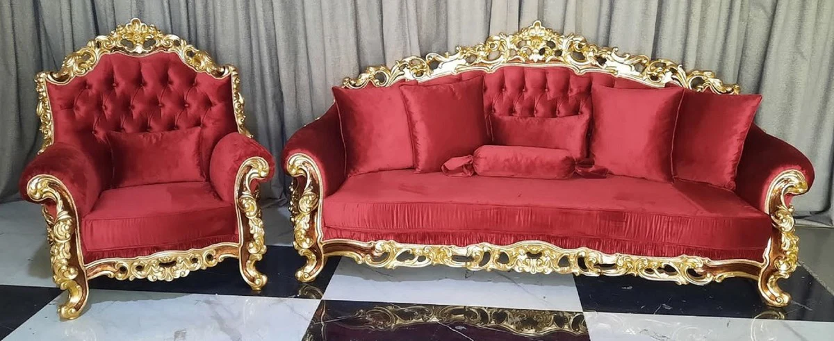Luxury Baroque Living Room Set Red / Brown / Gold - 2 Baroque Sofas & 2 Baroque Armchairs - Luxury Living Room Furniture in Baroque Style - Baroque Furniture - Baroque Furnishings - Living Room Furnishings