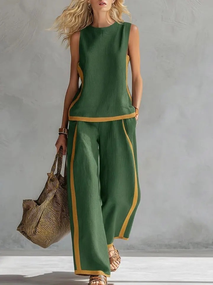Plus Size Friendly Plus Size Friendly Women's Round Neck Sleeveless Casual Loose Top And High-waisted Loose Wide-leg Pants Cotton And Linen Set. - Nordfashionstorm - Women's Clothing, Fashion for You - Nordfashionstorm.com