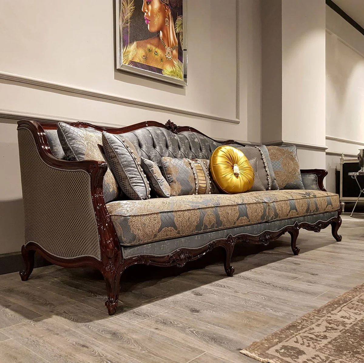 Luxury Baroque Sofa Silver / Beige / Dark Brown - Magnificent living room sofa with elegant pattern - Baroque furniture