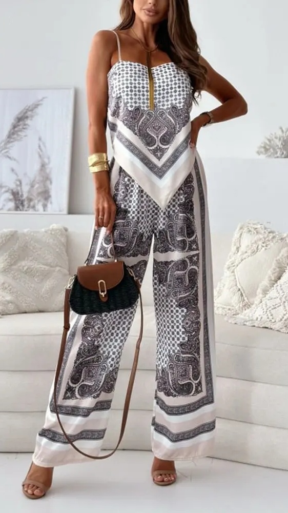Women's Fashion Two-Piece Set: Printed Spaghetti Strap Bandeau Top + Allover-Print Trousers - Nordfashionstorm - Women's Clothing, Fashion for You - Nordfashionstorm.com