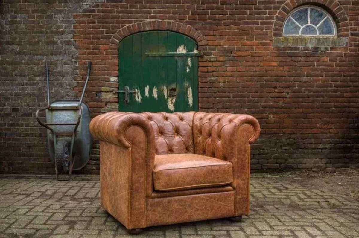 Luxury Chesterfield leather armchair vintage brown / dark brown 105 x 95 x H. 80 cm - Chesterfield real leather living room armchair - Chesterfield furniture - real leather furniture - luxury furniture