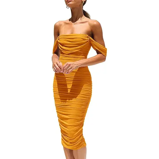 PrettyGarden Women's Summer Midi Dress Off Shoulder Ruched Bodycon Dresses Sleeveless Fitted Party Club Cocktail Womenswear
