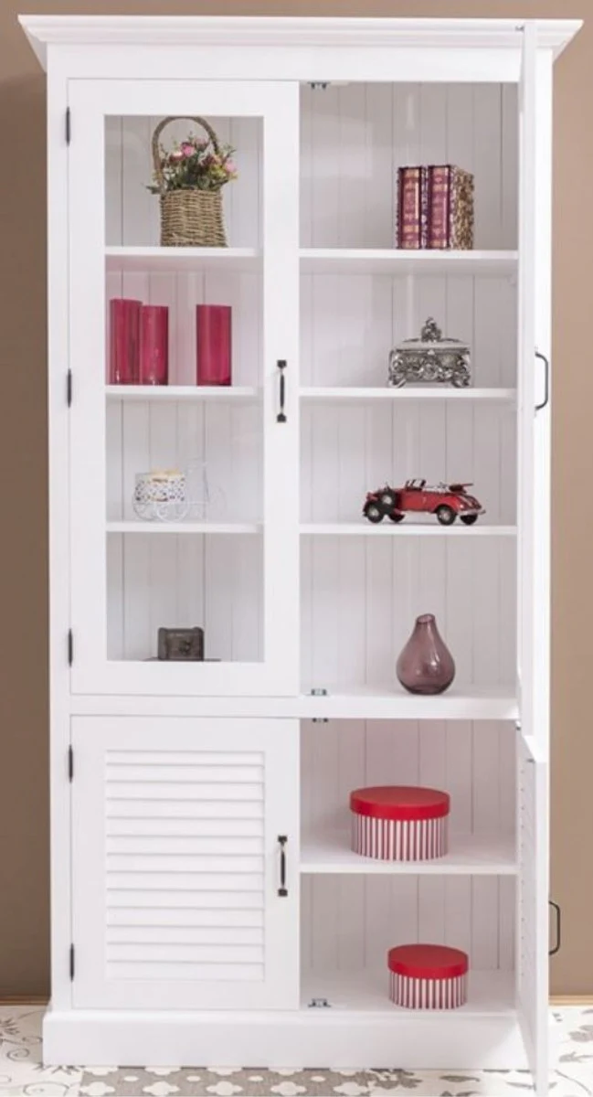 Country house style solid wood cabinet with 4 doors white 64 x 39 x H. 210 cm - shelf cabinet - living room cabinet - display cabinet - country house style furniture