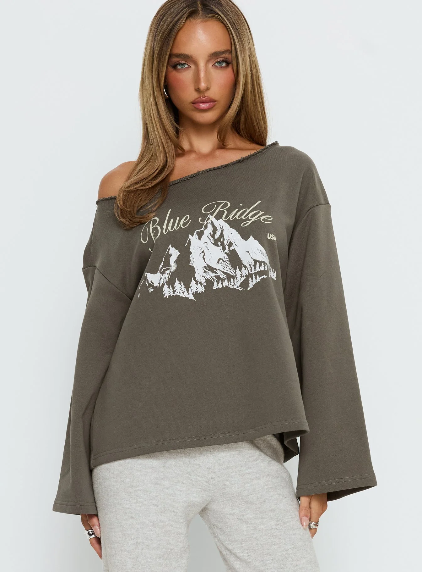 Blue Ridge Mountains Off Shoulder Graphic Sweater Grey