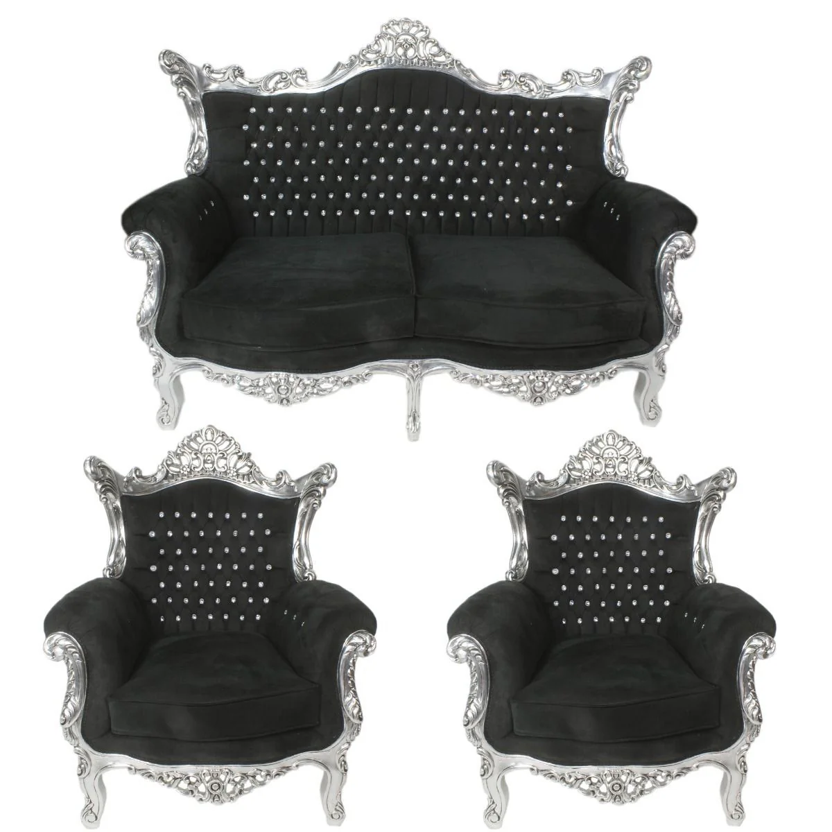 Baroque living room set black / silver with bling bling glitter stones - 2 sofa + 2 armchairs - Baroque furniture