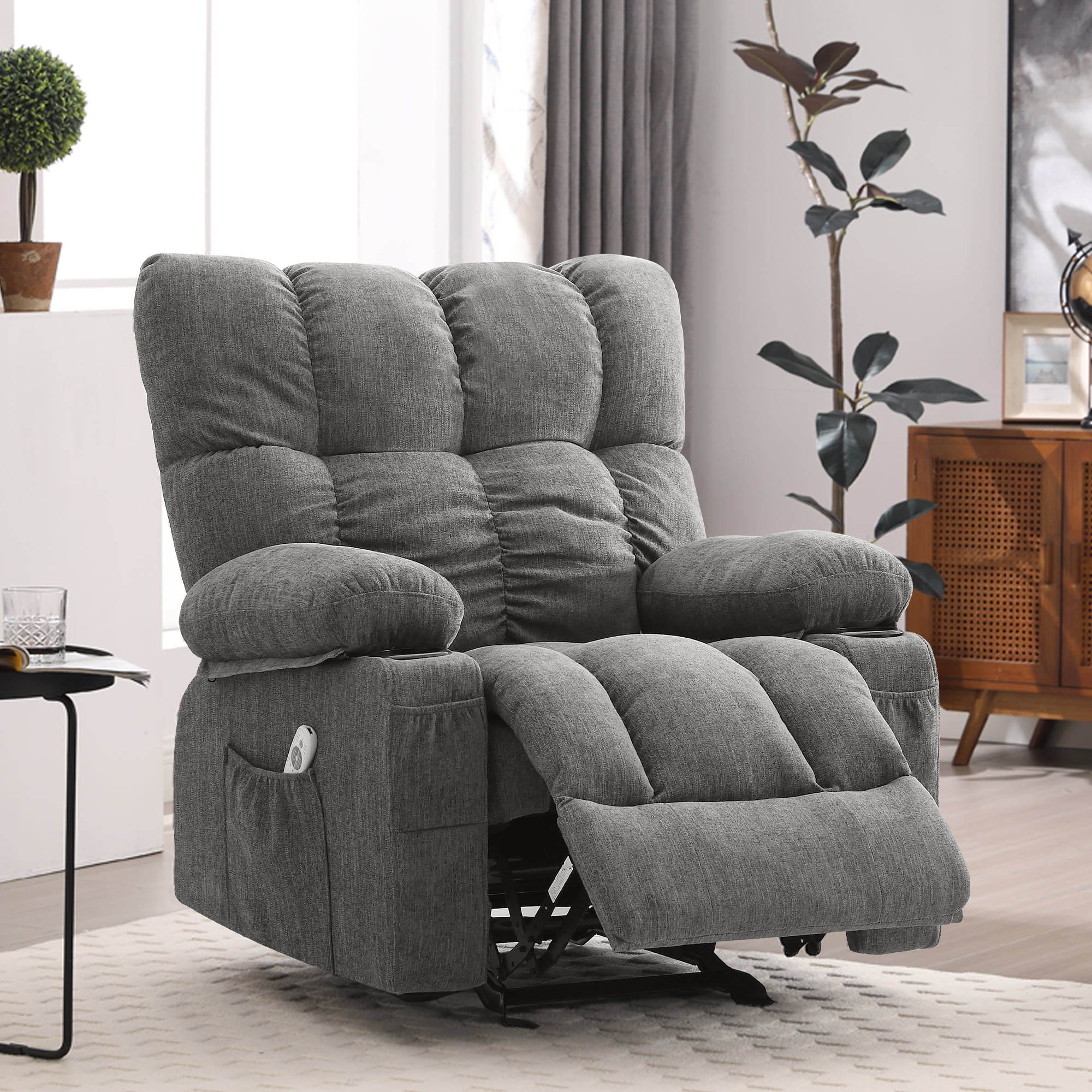 JONPONY Manual Recliner Chair with Heat Therapy and Massage Function, Heavy Duty Reclining Mechanism Massage Chair, Elderly Single Rocker Sofa with Cup Holders for Bedroom Home Theater, Grey