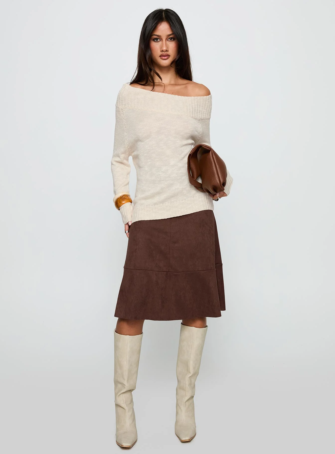Alyxandra Off Shoulder Knit Sweater Beige