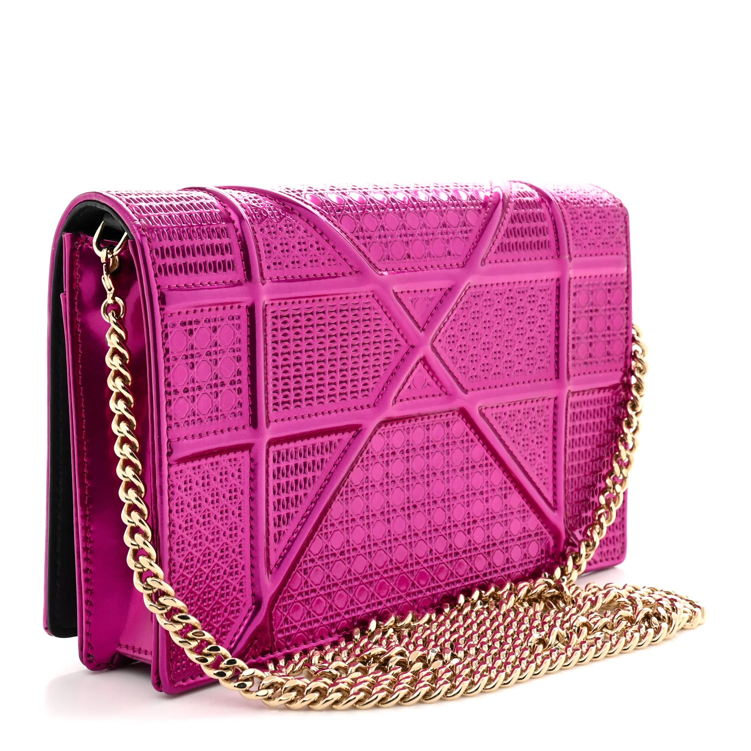 Metallic Patent Micro-Cannage Diorama Wallet on Chain Pouch Pink - Top Club