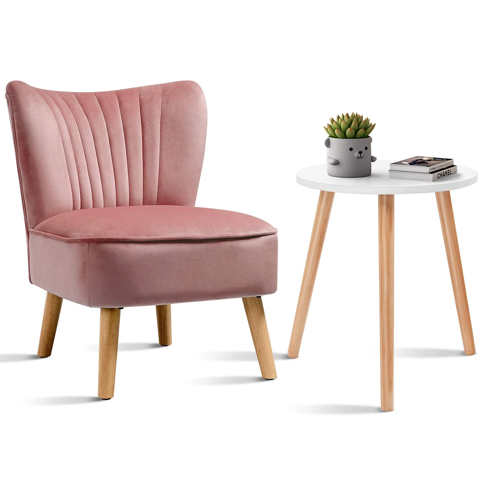 BEFOUNDLOVELY Velvet Accent Chair with End Table Set, Upholstered Modern Sofa Chair w/Wood Legs