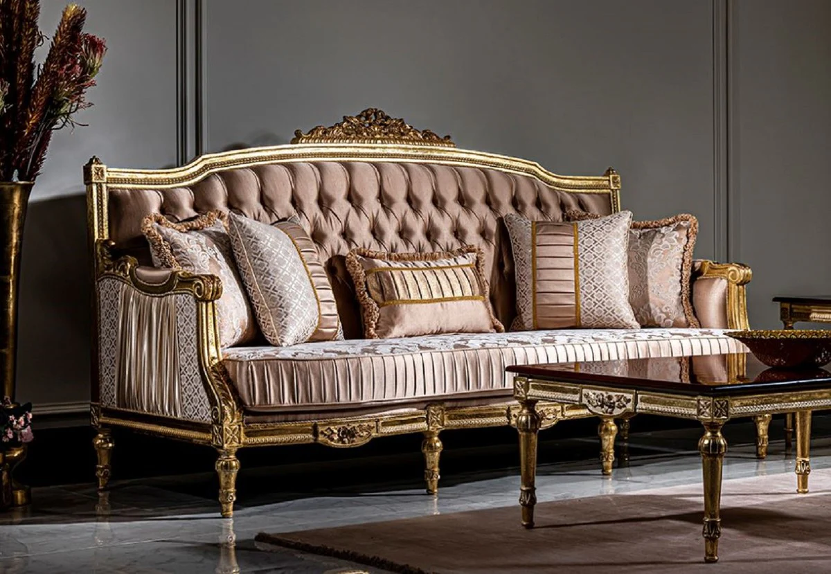 Luxury Baroque Sofa Pink / White / Gold - Handmade Living Room Sofa with Decorative Pillows - Baroque Furniture