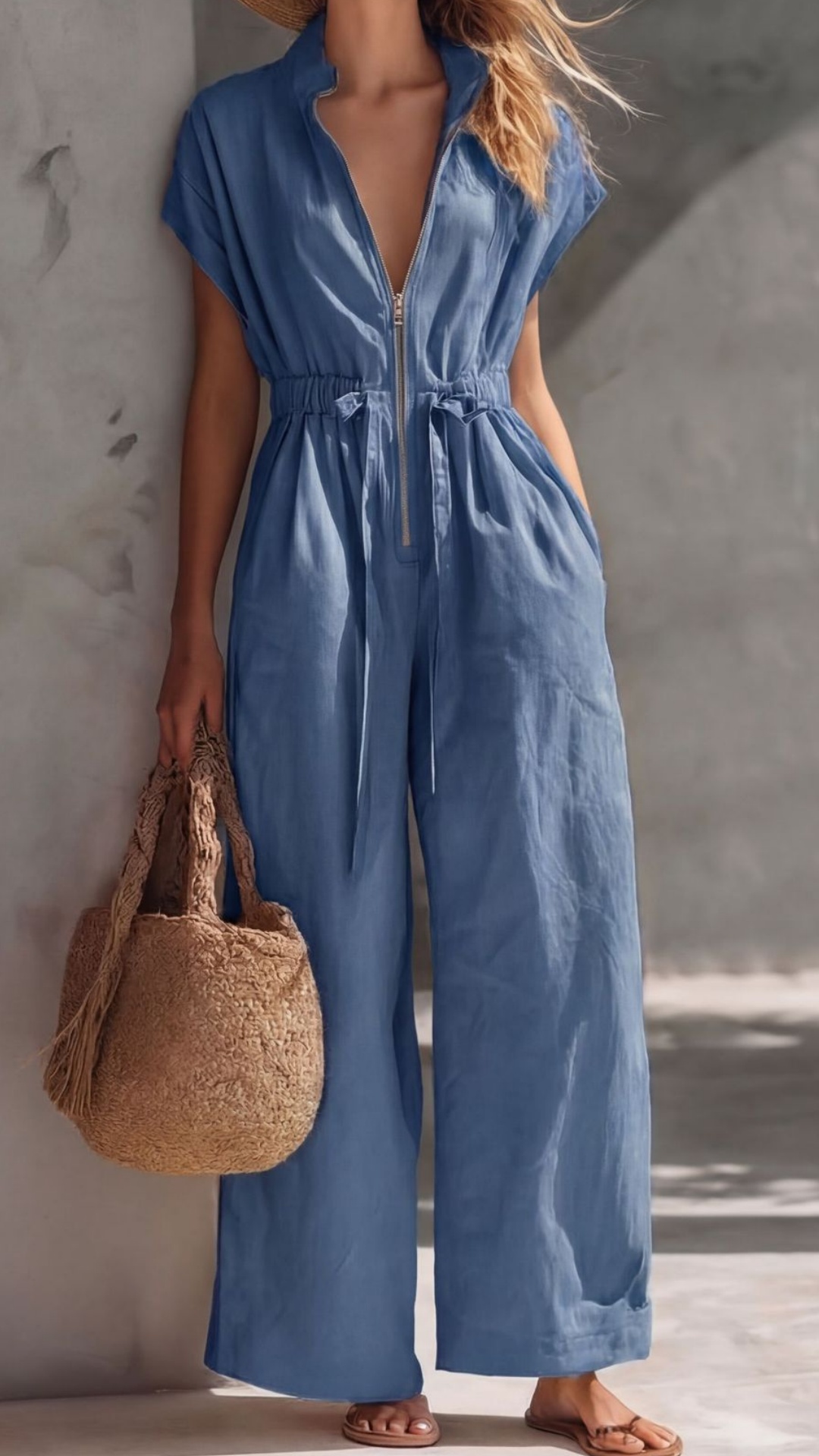 Women's V-Neck Stand-Collar Zip-Front Drawstring Jumpsuit - Nordfashionstorm - Women's Clothing, Fashion for You - Nordfashionstorm.com