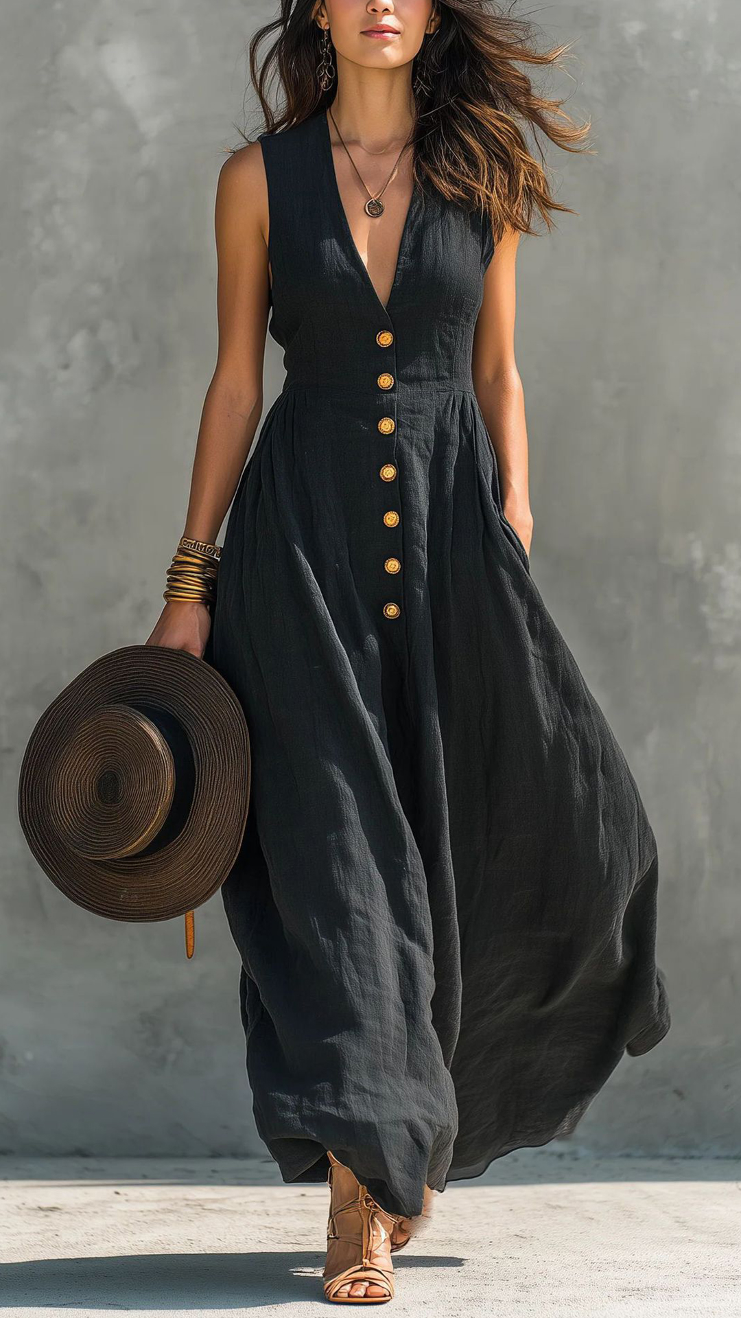 Women's Cotton-Blend V-Neck Sleeveless Button-Down Maxi Dress - Nordfashionstorm - Women's Clothing, Fashion for You - Nordfashionstorm.com