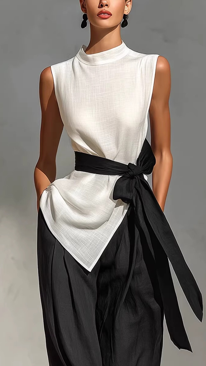 Women's Tie-Front Sleeveless Tencel-Linen Top + Wide-Leg Pants 2-Piece Set - Nordfashionstorm - Women's Clothing, Fashion for You - Nordfashionstorm.com