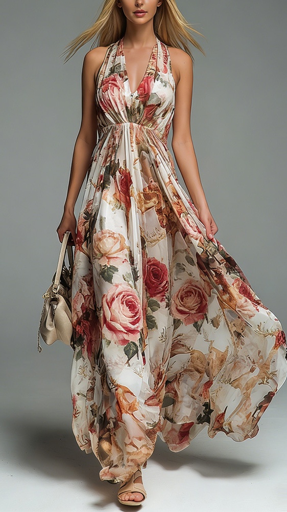 Women's V-neck halter neck printed casual dress - Nordfashionstorm - Women's Clothing, Fashion for You - Nordfashionstorm.com