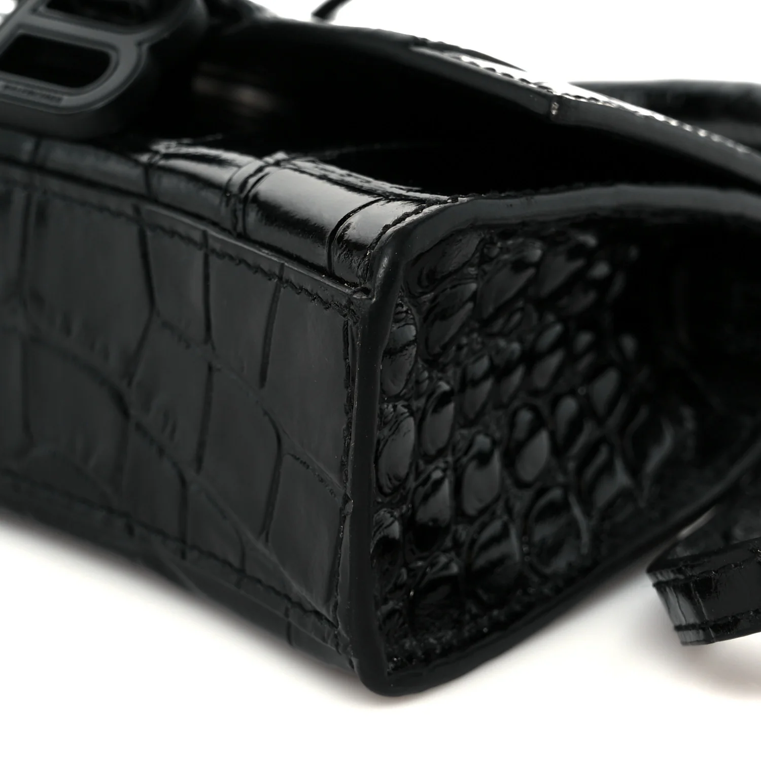 Shiny Calfskin Monochrome Crocodile Embossed Hourglass Top Handle Bag Mini Black - Top Club