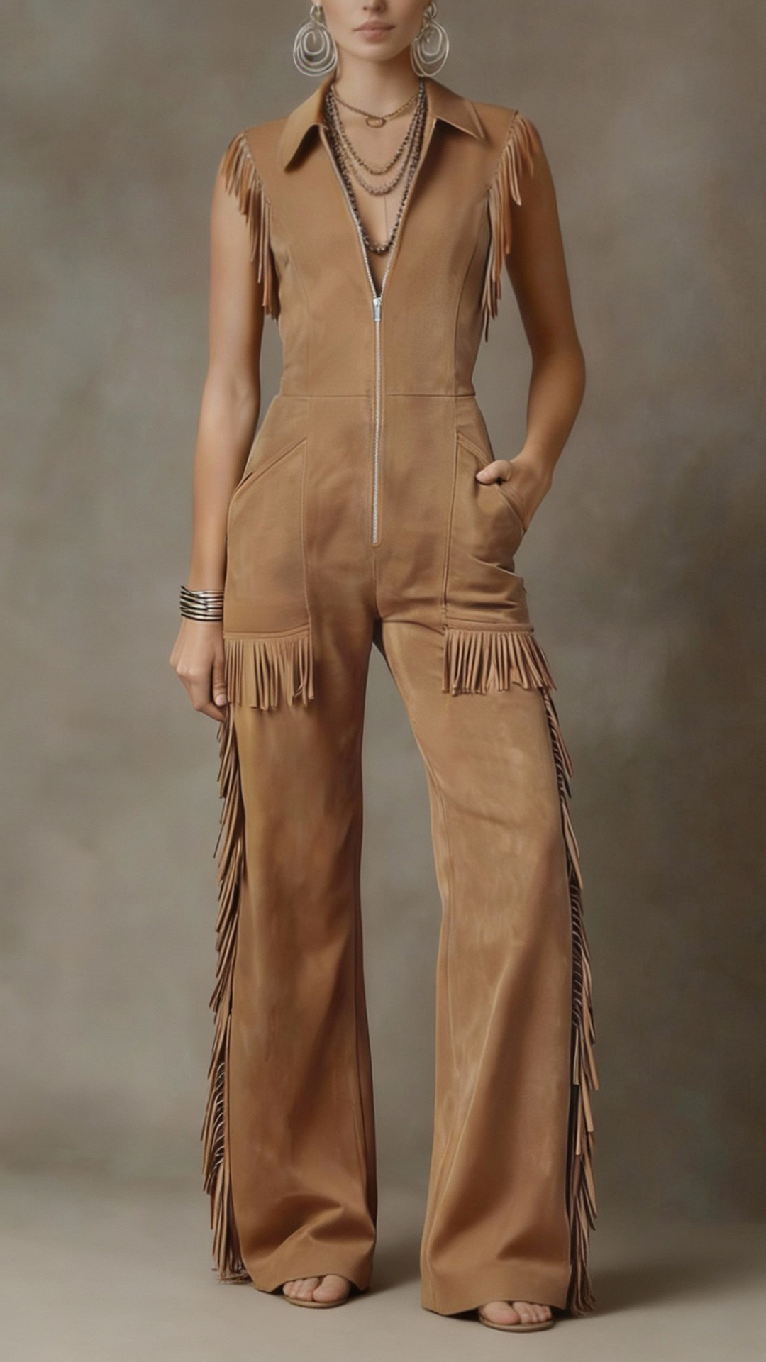 Women's Cotton-Blend Caramel Fringe Slim-Fit Jumpsuit - Nordfashionstorm - Women's Clothing, Fashion for You - Nordfashionstorm.com