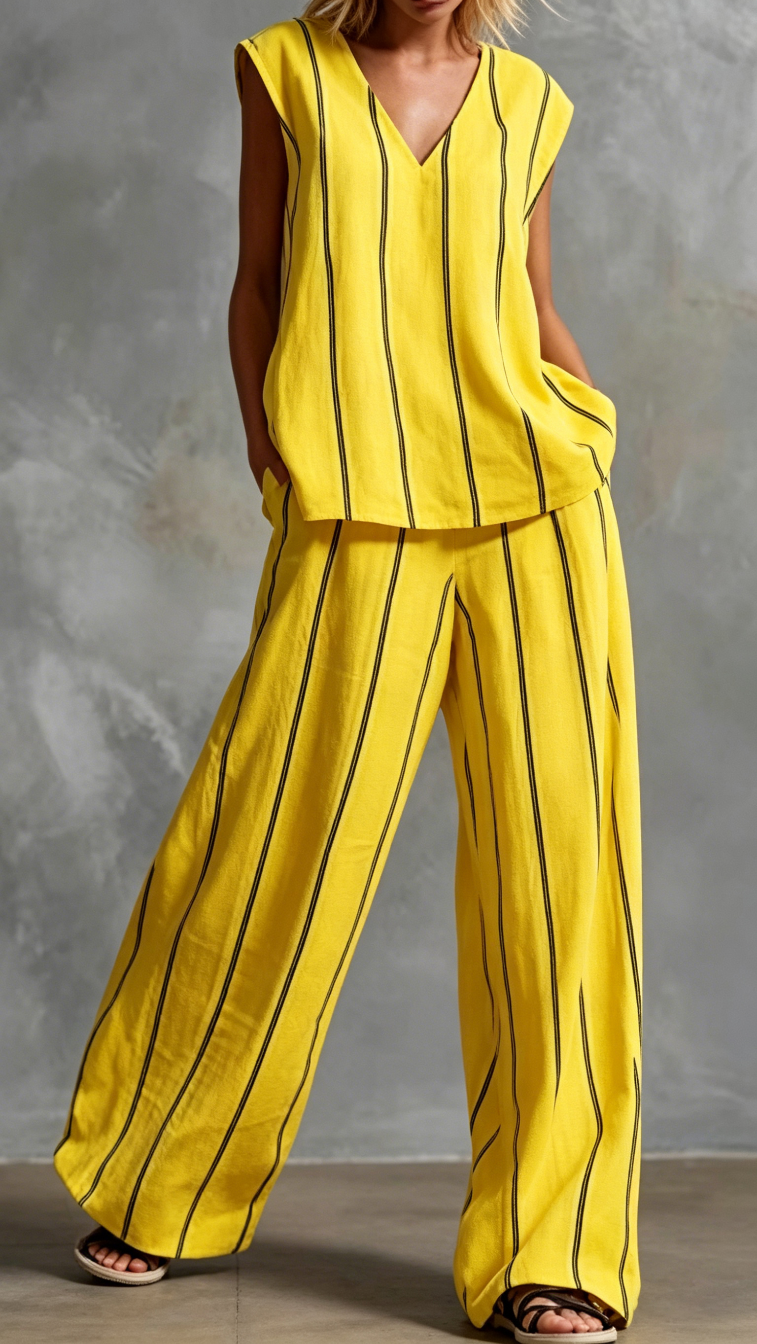 Women's Vertical-Stripe Loose-Fit Slimming Cotton-Linen Two-Piece Set - Nordfashionstorm - Women's Clothing, Fashion for You - Nordfashionstorm.com