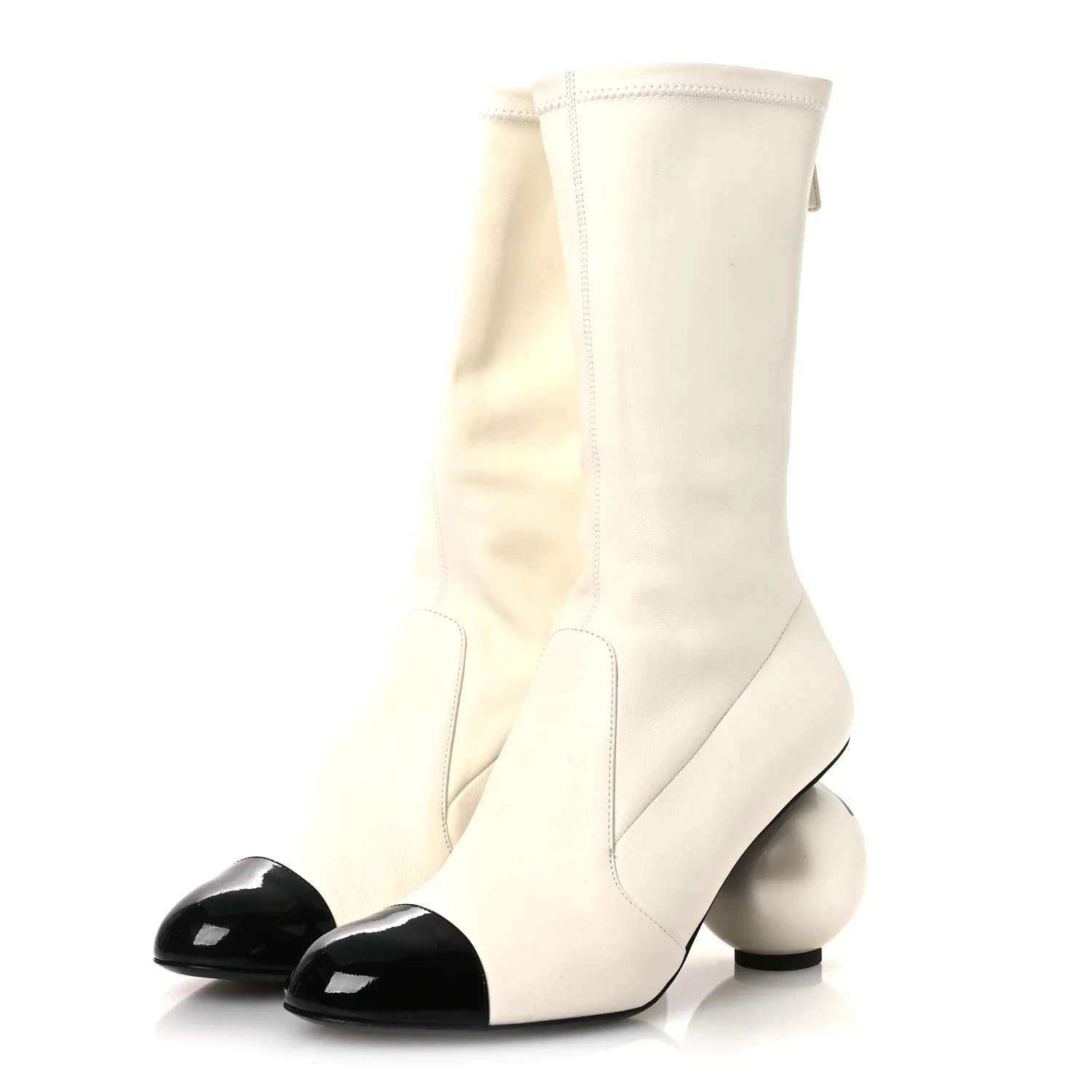 Stretch Lambskin Patent Cap Toe Pearl Ball Mid Calf Boots 39 White Black - Top Club