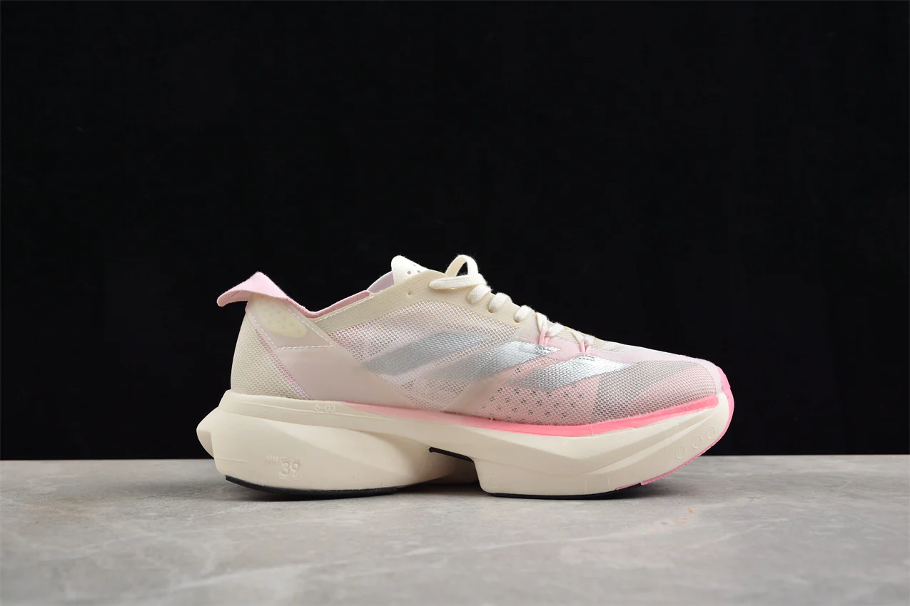 adidas Adizero Adios Pro 3 in Chalk White, Silver Metallic, and Clear Pink - Sneaker Replica Workshop