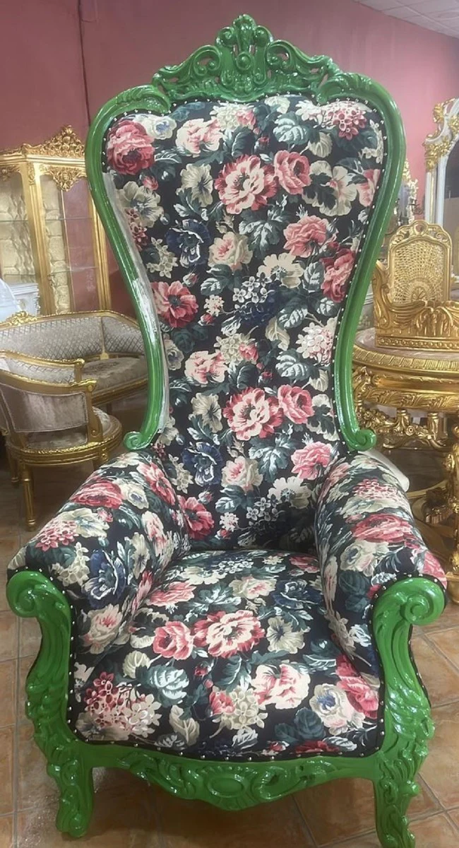 Baroque throne armchair with floral pattern multicolored / green - Magnificent royal armchair - Handmade wedding armchair - Baroque giant armchair - Baroque furniture