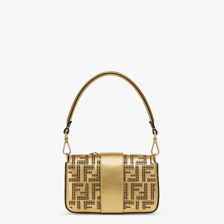 Brooch mini baguette �C Fendace bag in gold perforated leather - Top Club