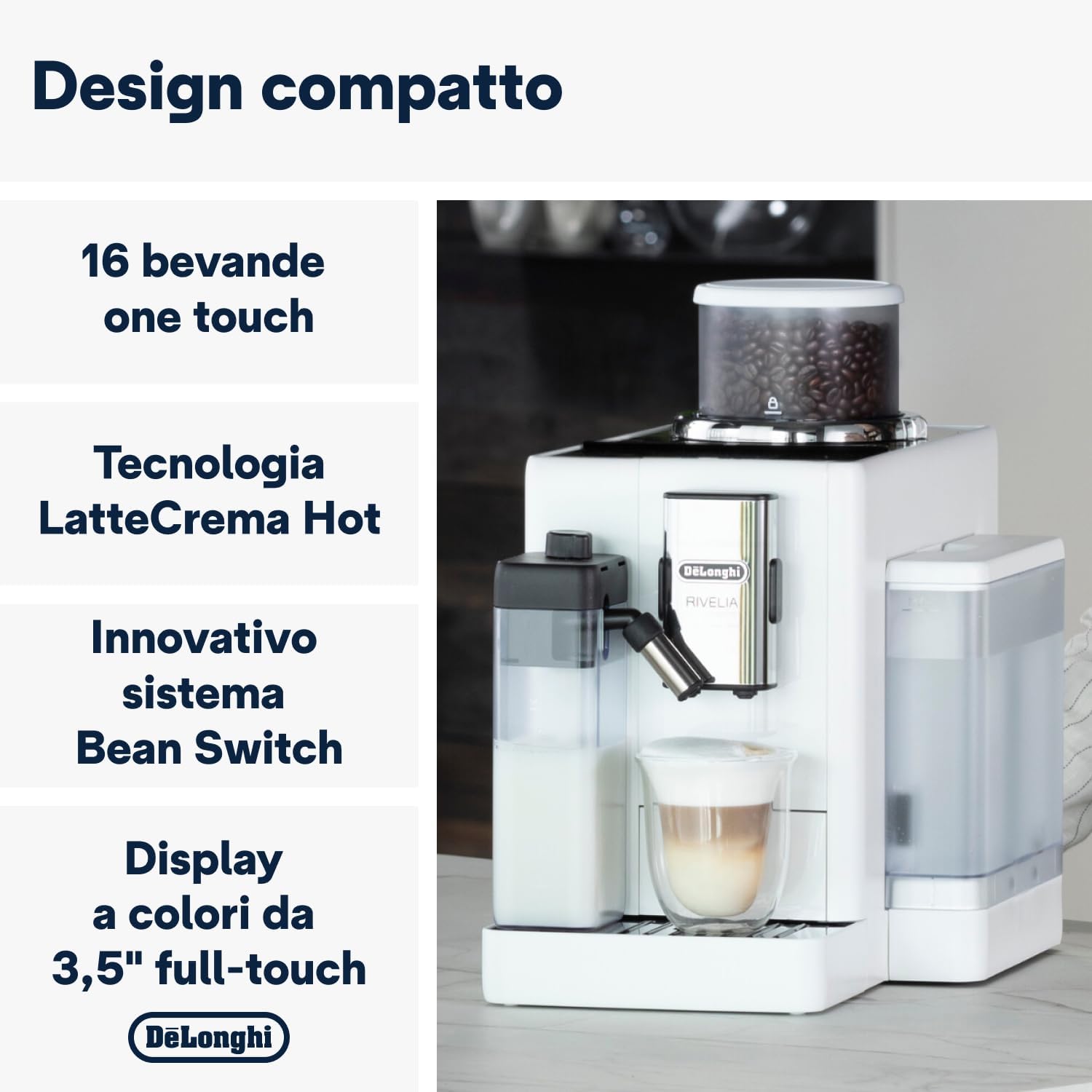 Rivelia Perfetto EXAM440.55.W Macchina da Caffè Automatica, Chicchi Macinati al Momento, Portachicchi Intercambiabile, Caraffa Montalatte Automatica, Display Touch a Colori, 1450W, Bianca